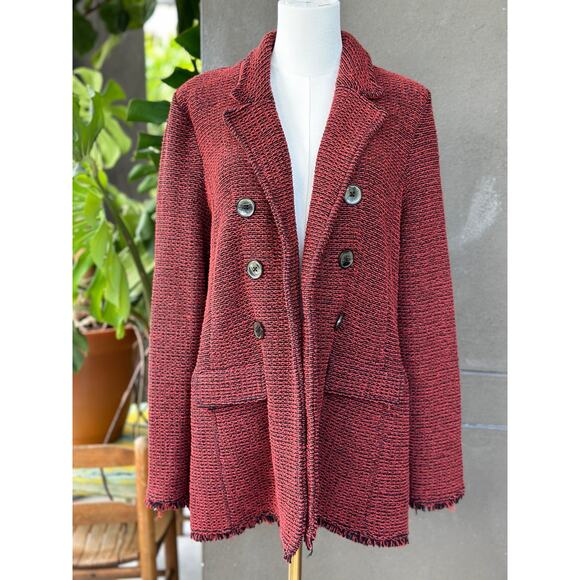 Chico’s Tweed Coatigan Medium Paprika Red Cotton Fringe Cardigan Sweater Blazer - Picture 3 of 11